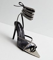 Public Desire Black Diamante Lace Up Pointed Stiletto Heel Sandals